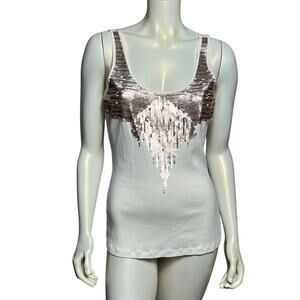 Express White Ribbed Tank Top Silver Sequin Cascade Detail Scoop Neck Size L